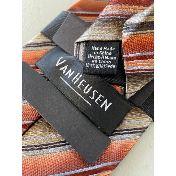 Van Heusen Silk Neck Tie Orange Brown Striped 100% Silk Hand Made Professional - Picture 2 of 6